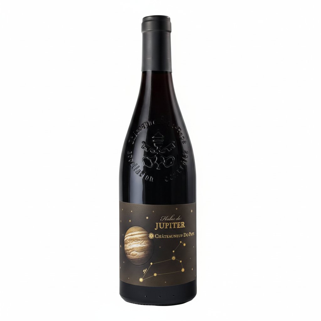 Bottle of Halos Chateauneuf Du Pape red wine with a label featuring traditional artwork, placed on a rustic wooden table.