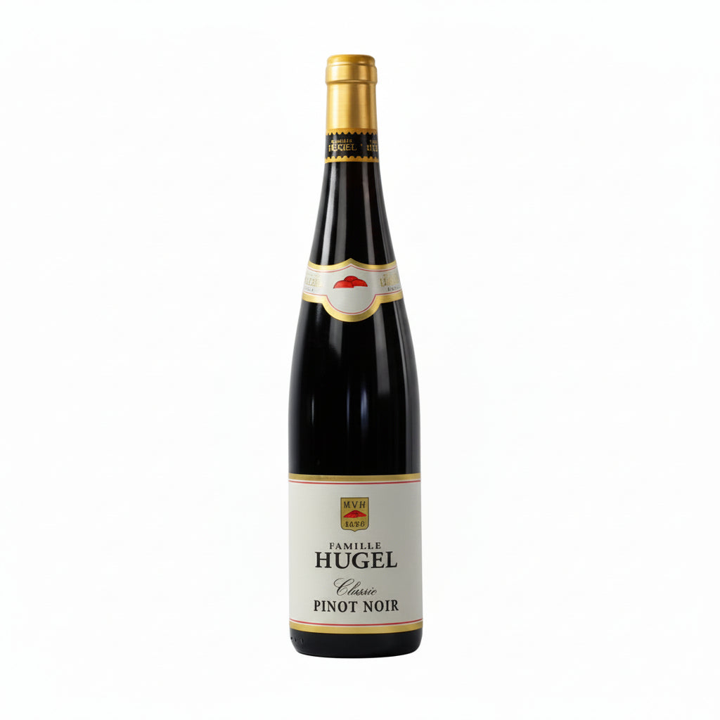 Hugel Classic Pinot Noir wine bottle with dark glass and label, ready for serving or display.
