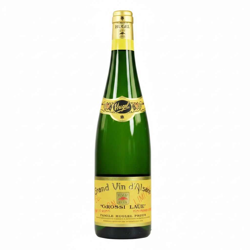 Hugel Gewurztraminer Grossi Laue bottle showcasing a white wine with a detailed label and elegant glass presentation.
