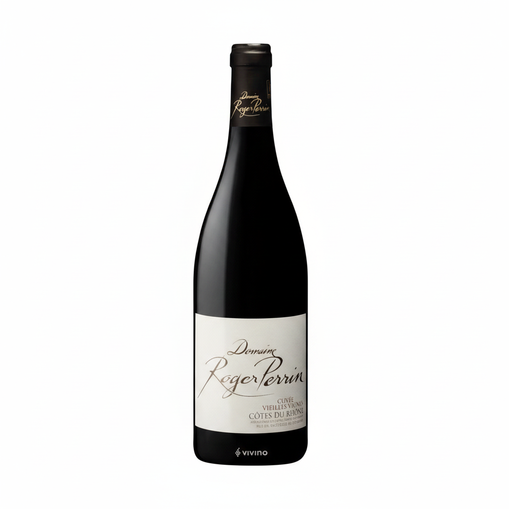 Roger Perrin Cotes du Rhones Vieilles Vignes split bottles of red wine with labels showing the brand and vintage.