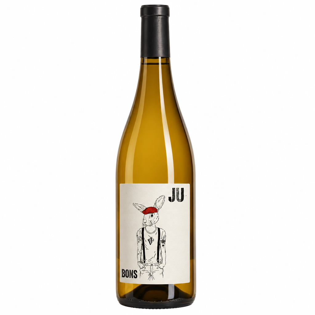 Domaine Bons Ju White wine bottle from Domaine De La Gravierette, featuring a label with elegant design and white wine pouring glass.