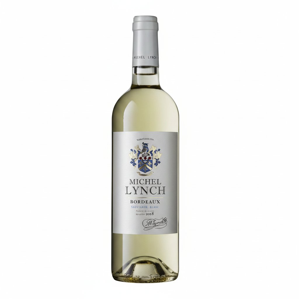 Michel Lynch Bordeaux Blanc wine bottle with white label and cork, showcasing a French white wine from Bordeaux.