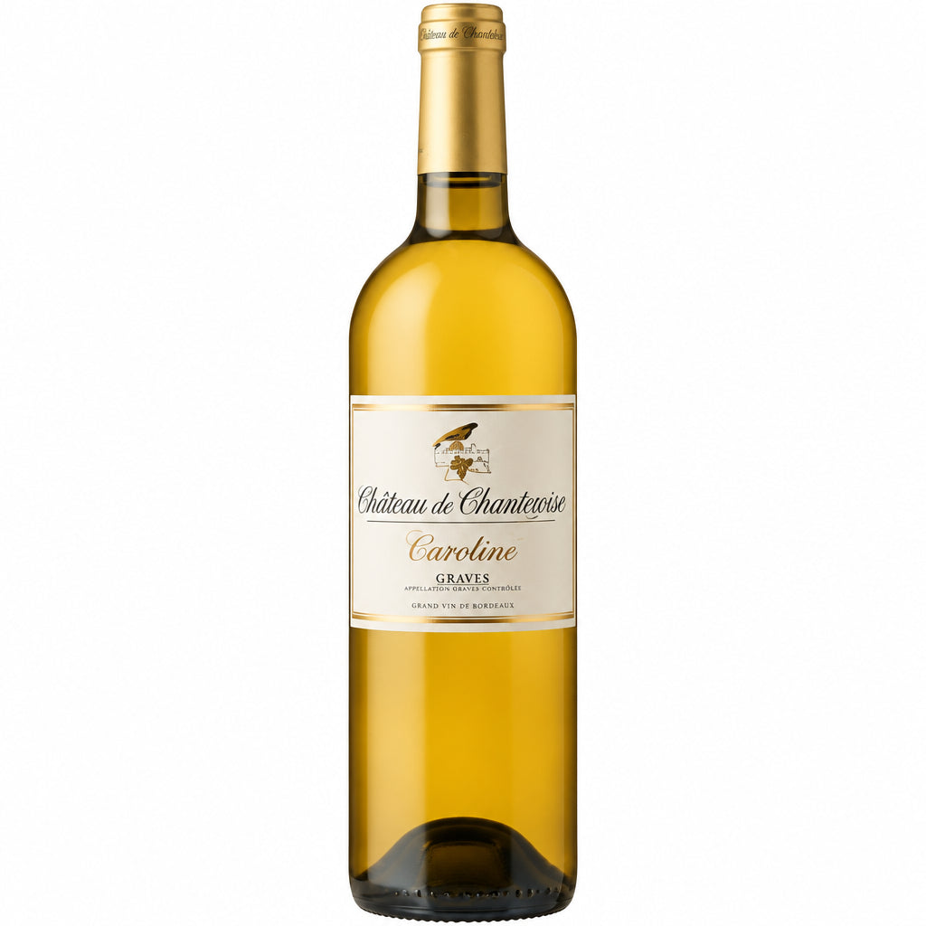 Chateau Chateau De Chantegrive Cuvee Caroline Blanc wine bottle with white label and elegant design.