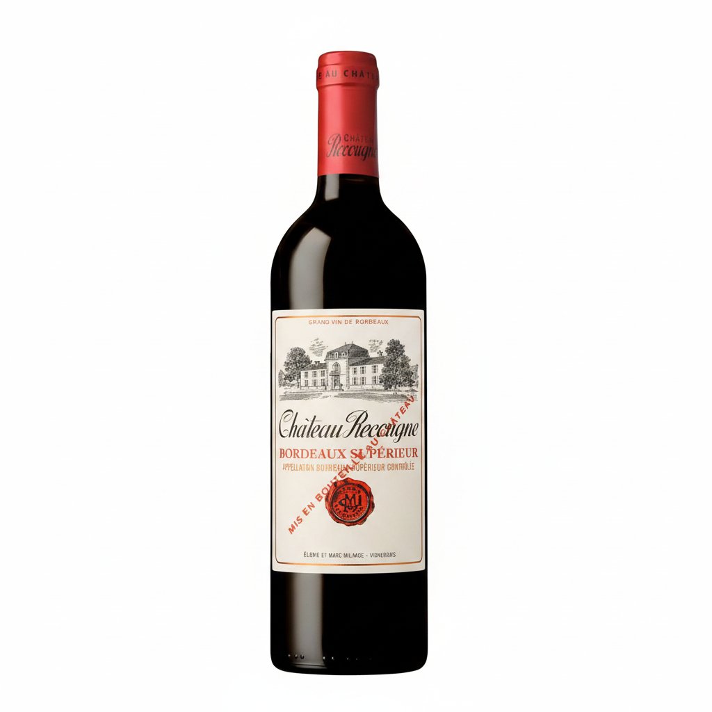 Bottle of Xavier Milhade Chateau Recougne red wine with label visible, placed on a wooden surface.