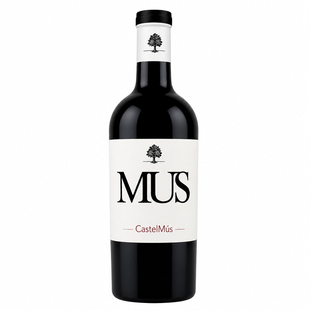 Chateau De Mus Malbec wine bottle with label, deep purple color, and elegant design, on a neutral background.