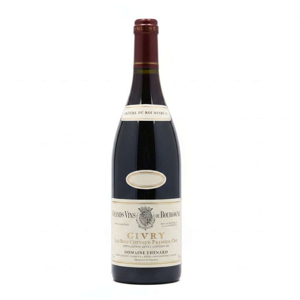 Thenard Givry 1er Cru Les Bois Cheveaux wine bottle with label and elegant glass, showcasing the premium red wine.