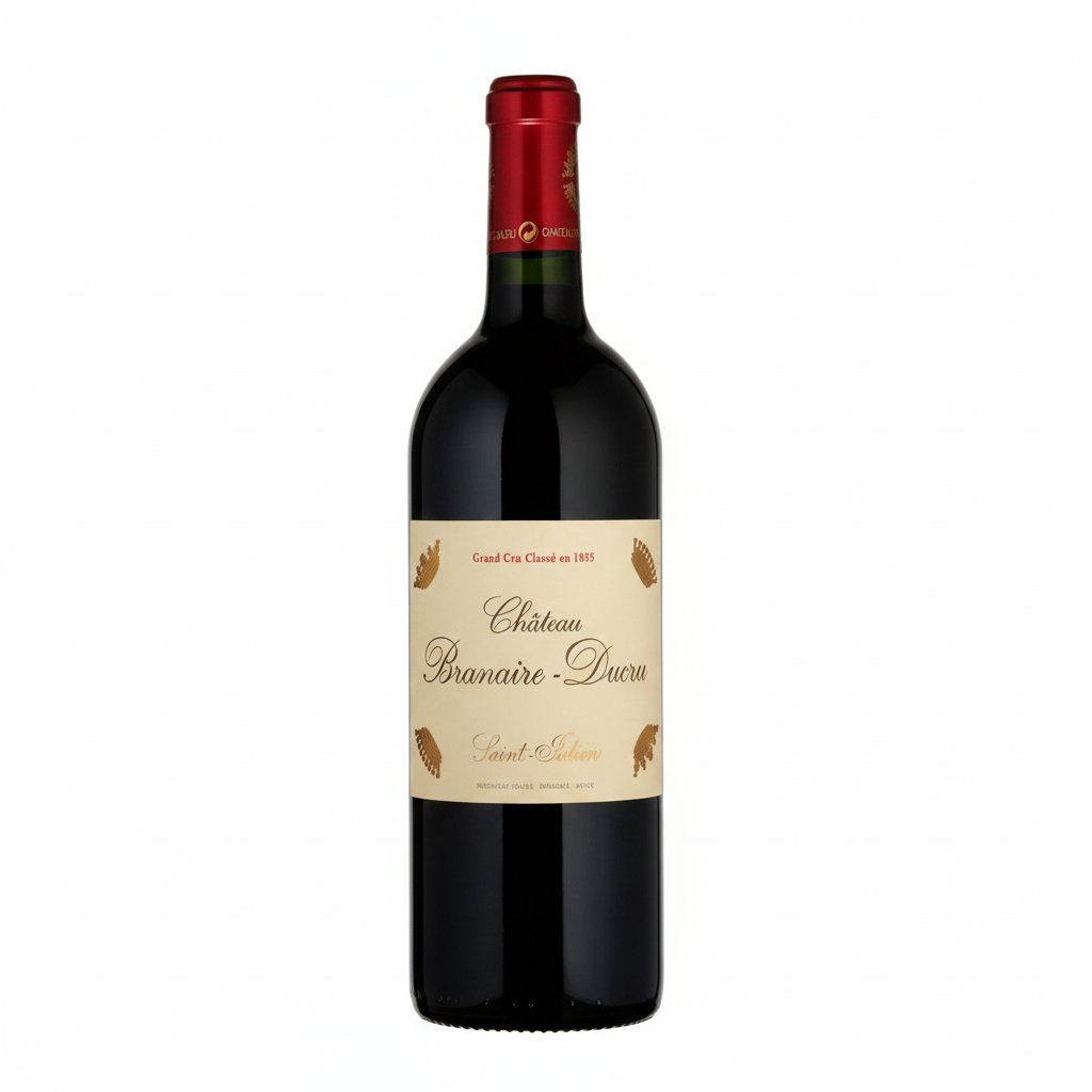 Bottle of Chateau Branaire Ducru red wine with a dark label and elegant bottle shape.