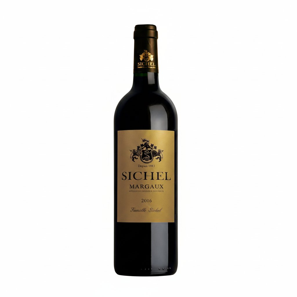Maison Sichel Margaux wine bottle on a wooden table, showcasing the elegant label and deep red color of the wine.