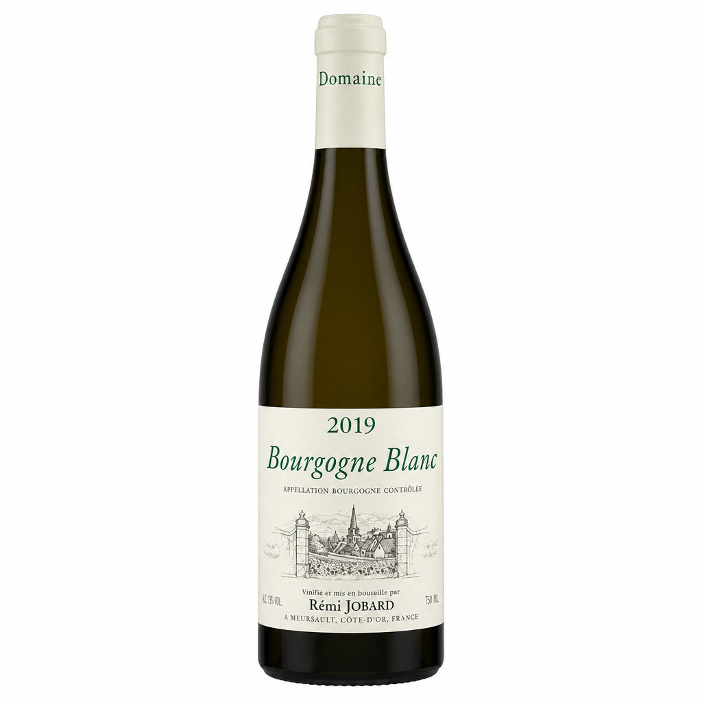 Domaine Remi Jobard Bourgogne Blanc 2023 white wine bottle with label and cork on a neutral background