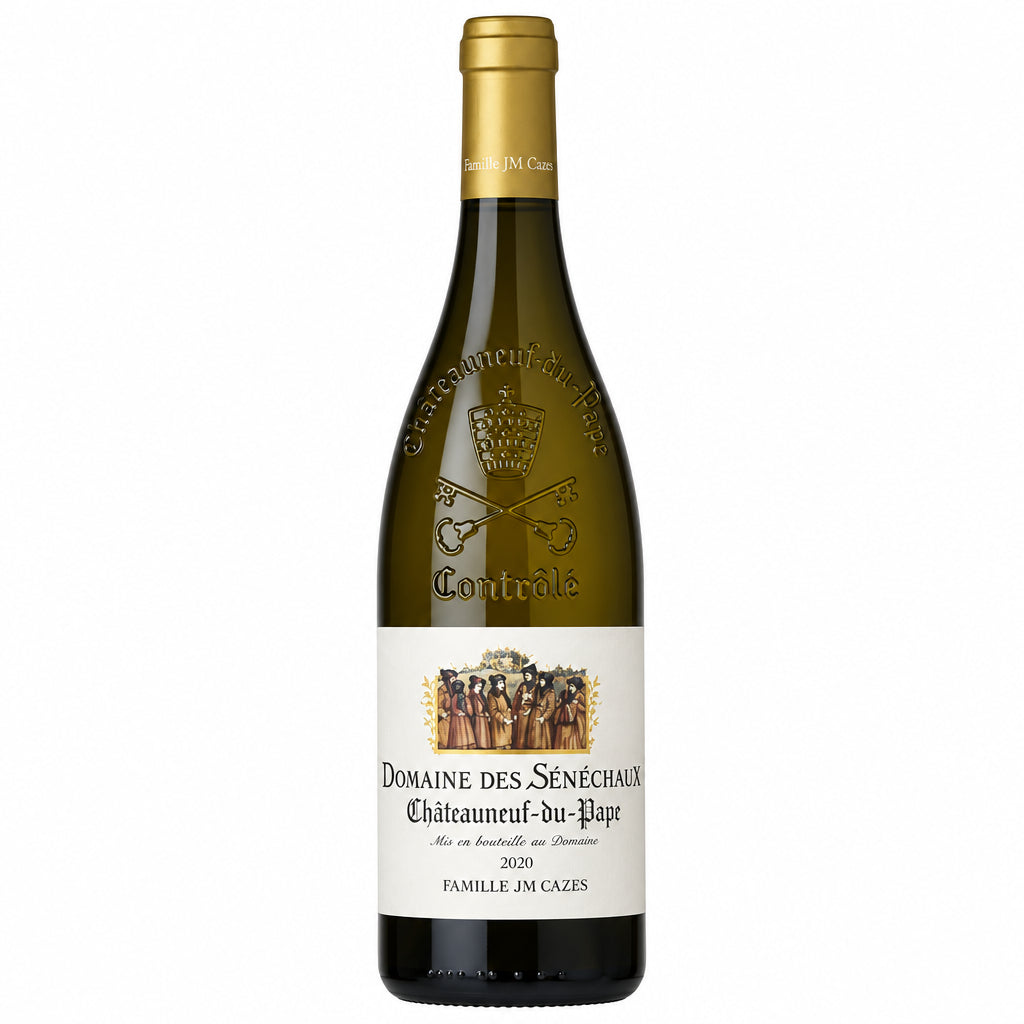 Domaine des Senechaux Chateauneuf-du-Pape Blanc wine bottle with label and foil capsule on a neutral background.