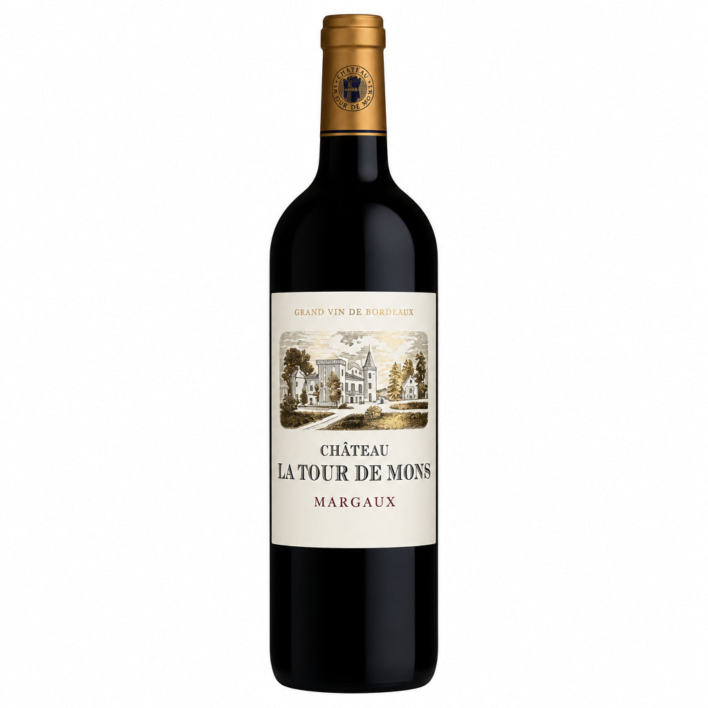 Chateau La Tour De Mons wine bottle with label and cork in a close-up shot, showcasing the elegant wine packaging.