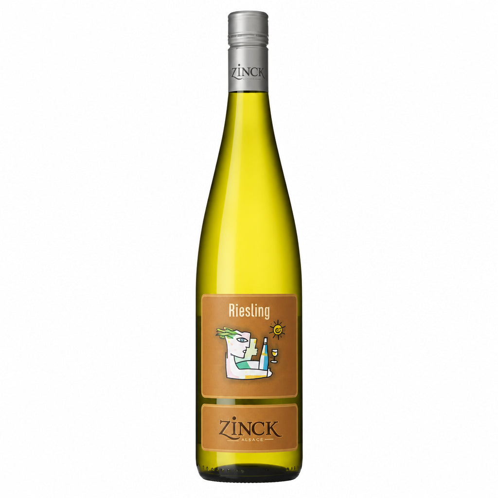 Domaine Zinck Riesling wine bottle with label and glass of poured Riesling on a table, natural lighting and neutral background.