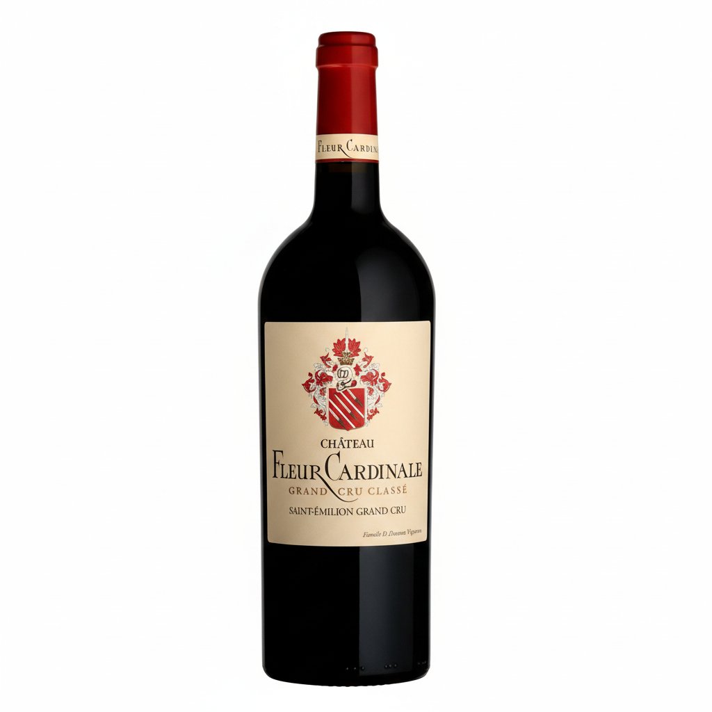 Chateau Fleur Cardinale red wine bottle with label, showcasing Chateau branding and elegant design on a white background.