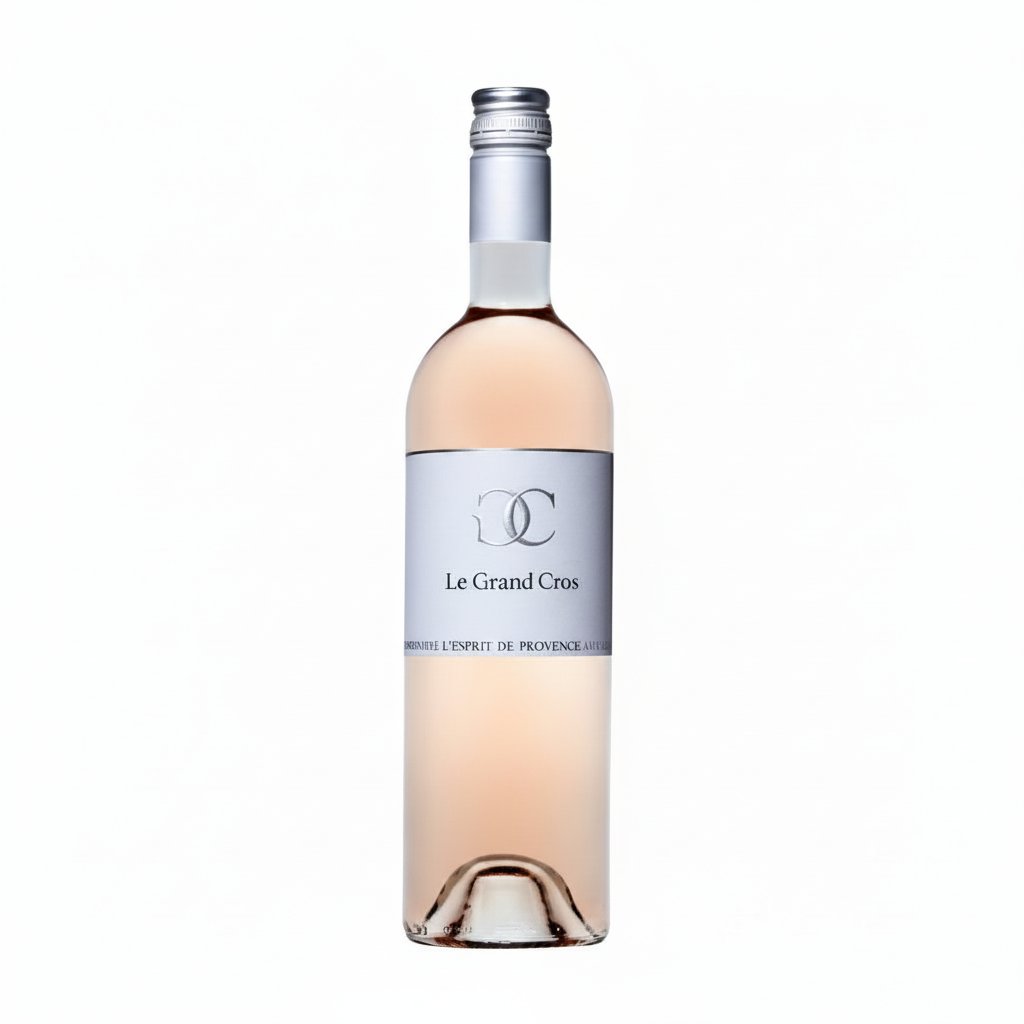 Bottle of Le Grand Cros Esprit De Provence wine with label visible, set against a rustic background.