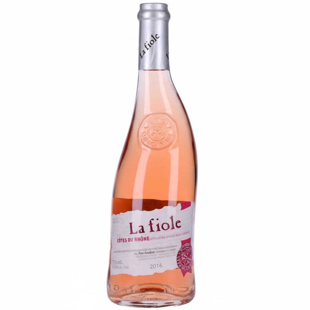 Maison Brotte La Fiole Cotes du Rhone Rosé wine bottle with pink label and clear glass, showcasing its elegant design.