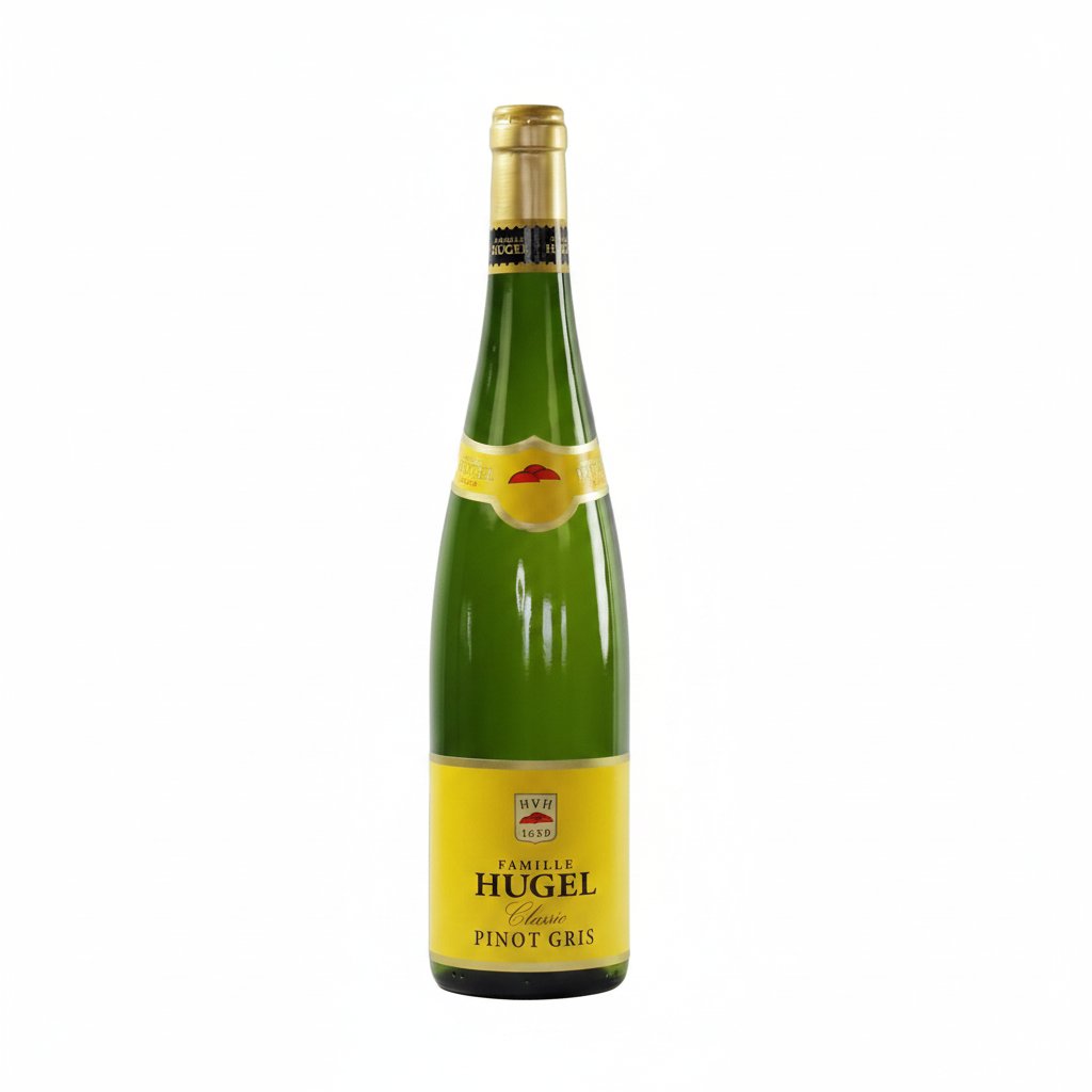 Hugel Classic Pinot Gris wine bottle with label visible, featuring a glass of wine beside it on a wooden table.