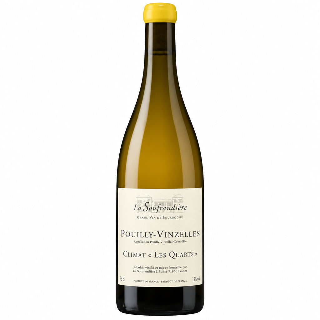 Domaine Domaine de La Soufrandiere Pouilly Vinvelles 'Les Quarts' white wine bottle on a wooden table with a glass of wine