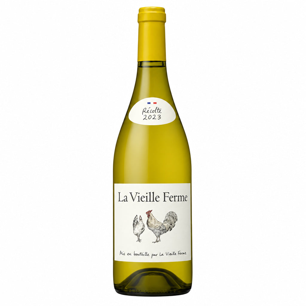 Famille Perrin La Vieille Ferme Blanc wine bottle with label visible, featuring a white wine from the Famille Perrin brand.