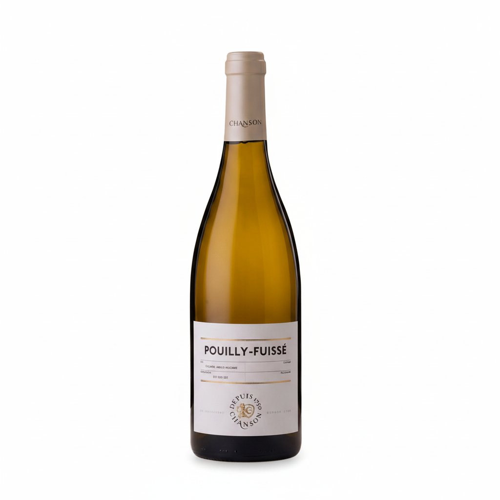 Chanson Pouilly Fuisse white wine bottle with label and cork, elegant glass of wine in the background