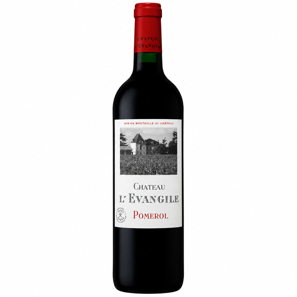 Bottle of Chateau L'evangile 2021 red wine with a dark label and elegant cork, displayed upright on a neutral background.