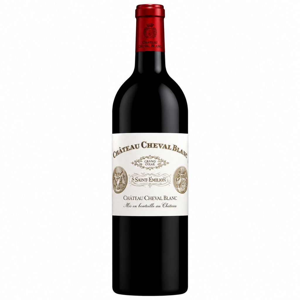 Bottle of Chateau Cheval Blanc 2012 red wine with a classic label and elegant bottle shape, displayed upright.