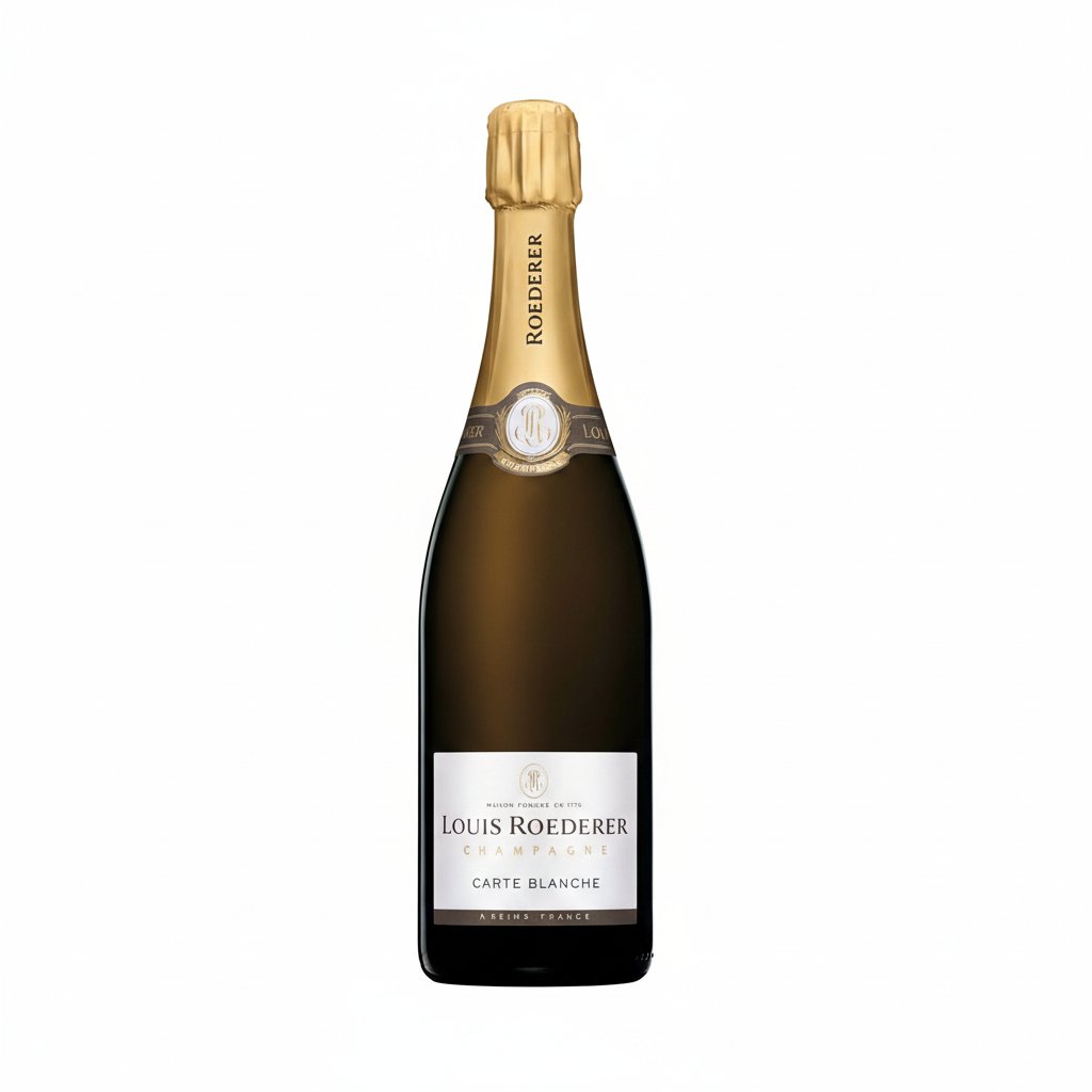 Champagne Louis Roederer Carte Blanche bottle with elegant label and foil capsule, sparkling and ready to enjoy.