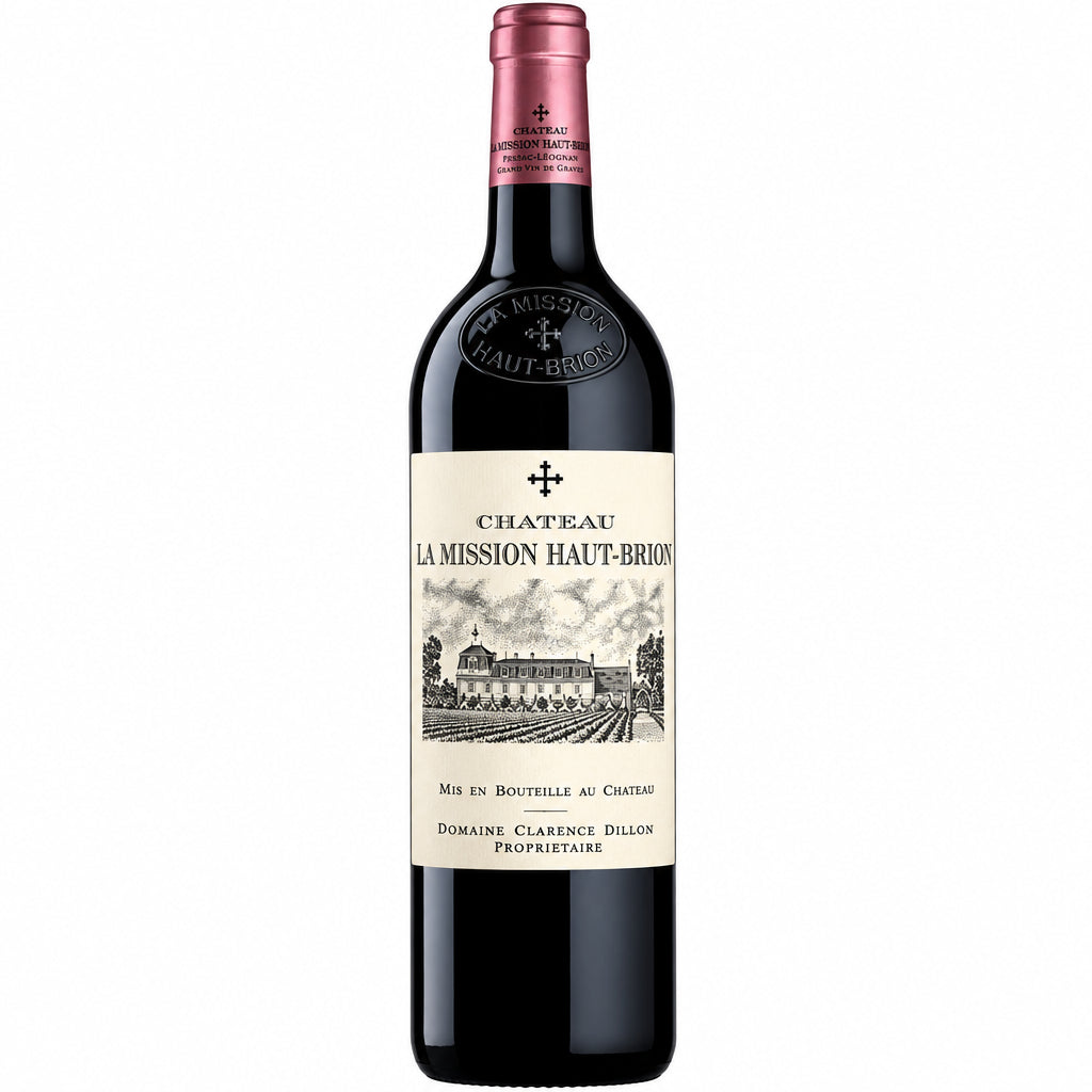 Chateau La Mission Haut-Brion 2020 bottle with label showing elegant wine branding and deep red color in the image.