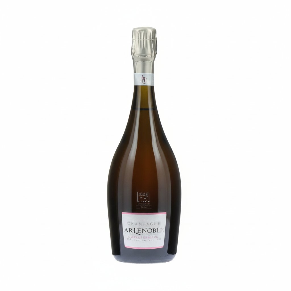 Lenoble Champagne Rose Terroirs bottle with pink hue, elegant label, and sparkling glass, showcasing a premium rosé champagne.