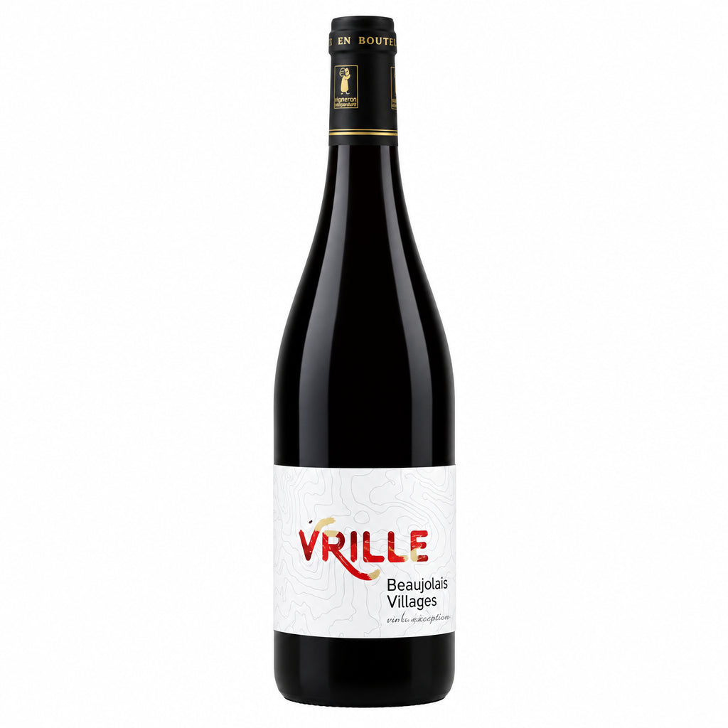 Domaine Domaine Dumas Beaujolais-Villages Vrille wine bottle with label and cork, set against a neutral background.
