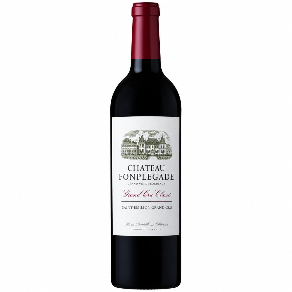 Bottle of Chateau Fonplegade 2020 St-Emilion Grand Cru wine with label visible, set on a wooden surface.