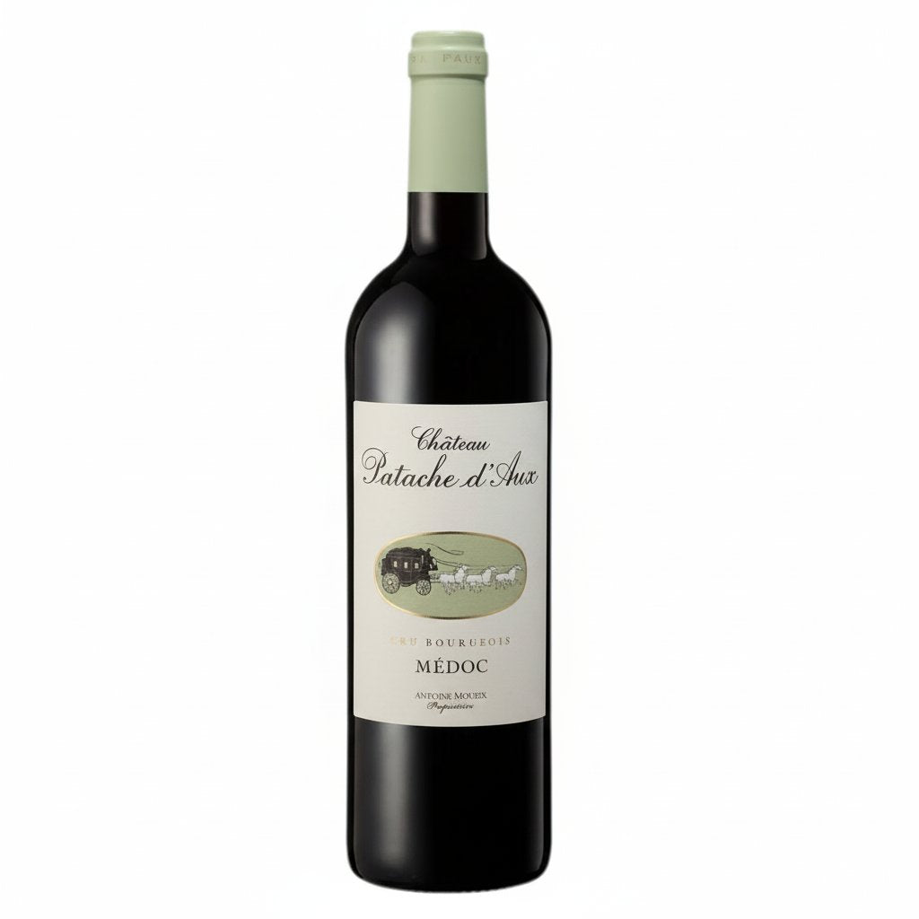 Chateau Patache D'aux Medoc wine bottle with classic label and red foil capsule on a white background.