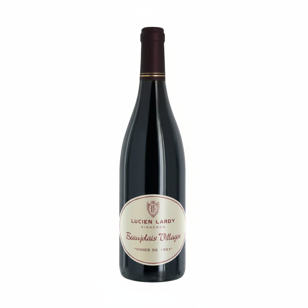 Bottle of Lucien Lardy Beaujolais Villages wine with label visible, featuring red wine and a wooden cork in a clear glass bottle.