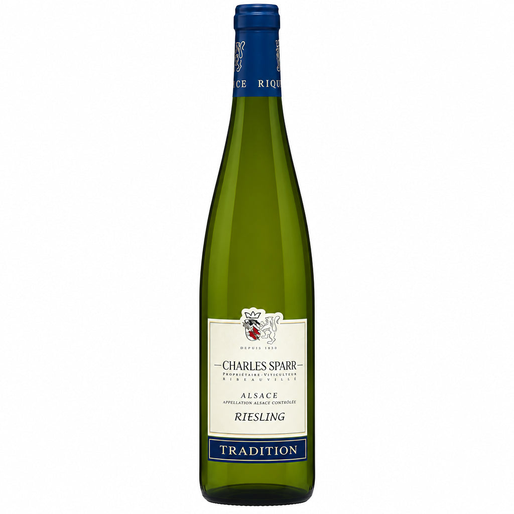 Bottle of Charles Sparr Riesling Tradition wine with a clear label, set against a neutral background.