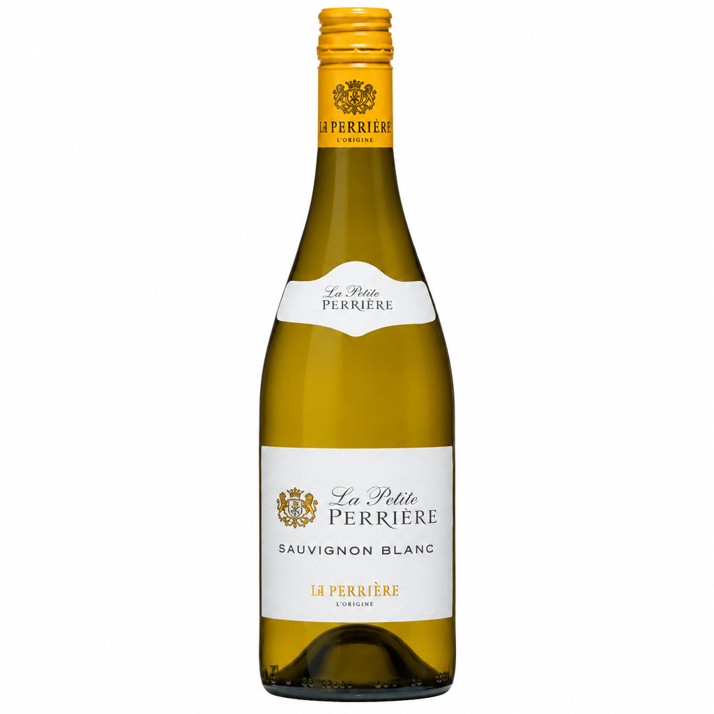 Bottle of La Petite Perriere Sauvignon Blanc wine with label visible, showcasing clear glass and white wine inside.