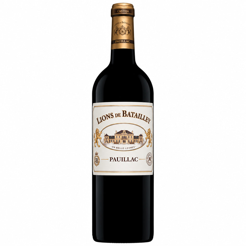 Bottle of Chateau Lions De Batailley 2022 red wine with a label displaying the Chateau logo and vintage year.