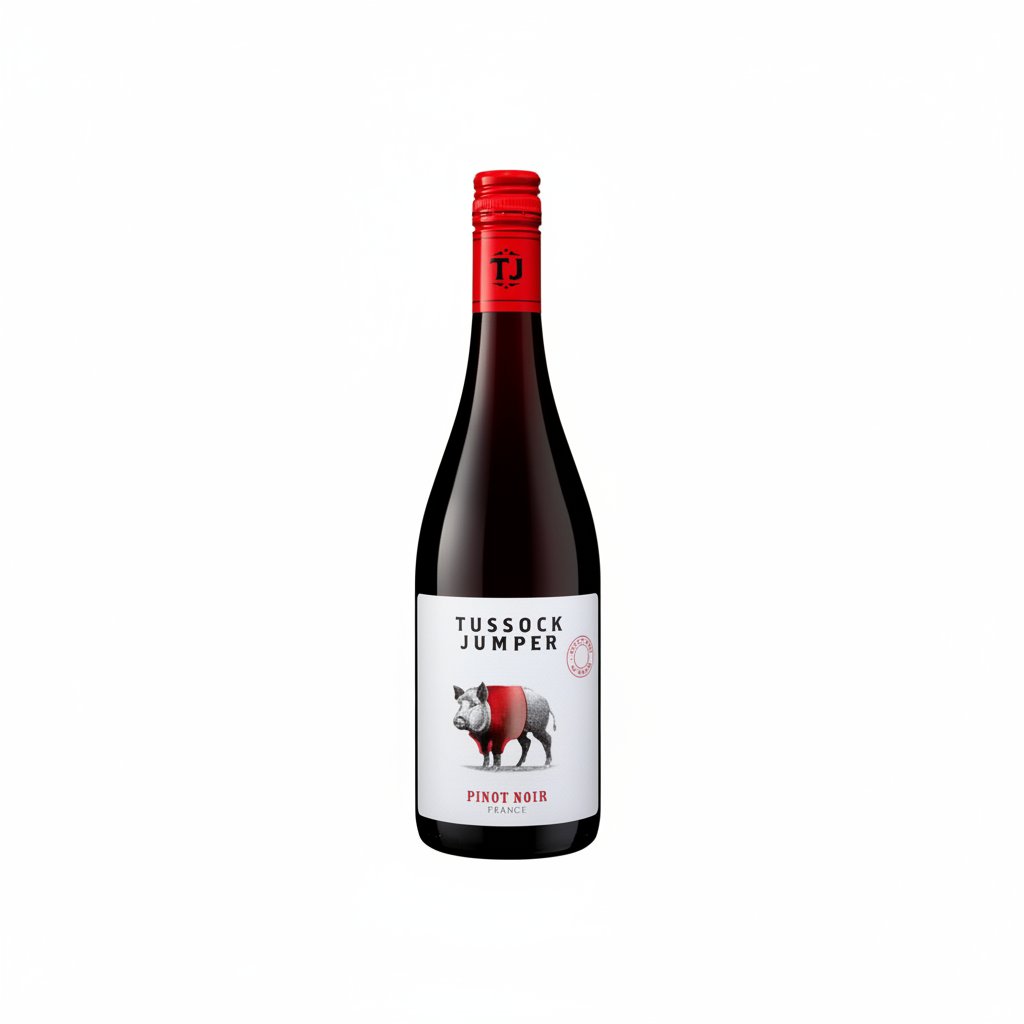 Tussock Tussock Jumper Pinot Noir wine bottle with label, dark glass, and cork visible in a close-up shot.