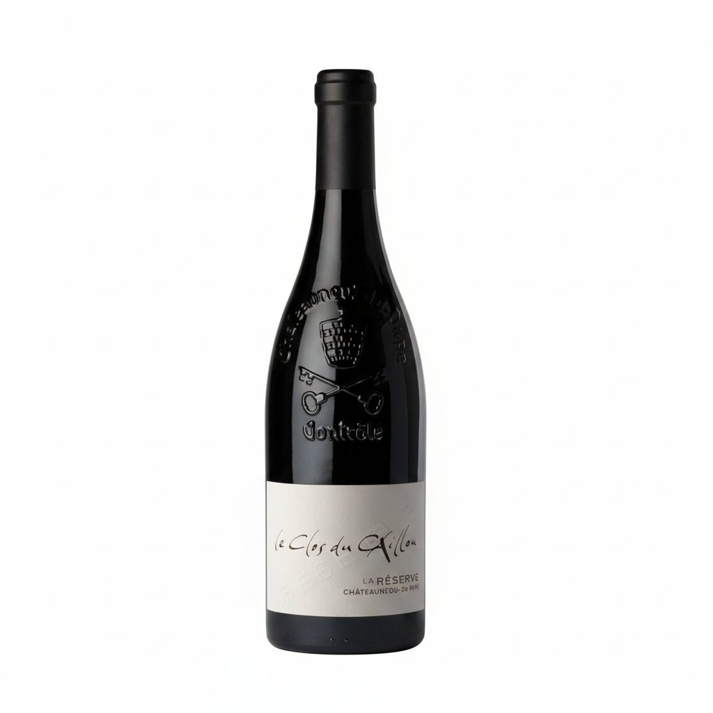 Chateauneuf Clos Du Caillou Resere wine bottle with label showing, placed on a wooden surface.