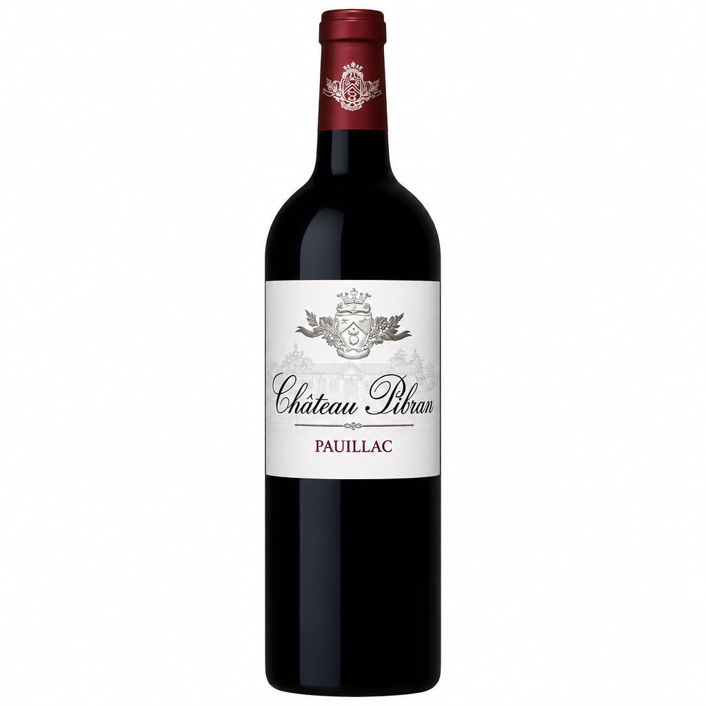 Bottle of Chateau Pibran red wine with label visible, featuring elegant design and rich, dark color in a wine glass.