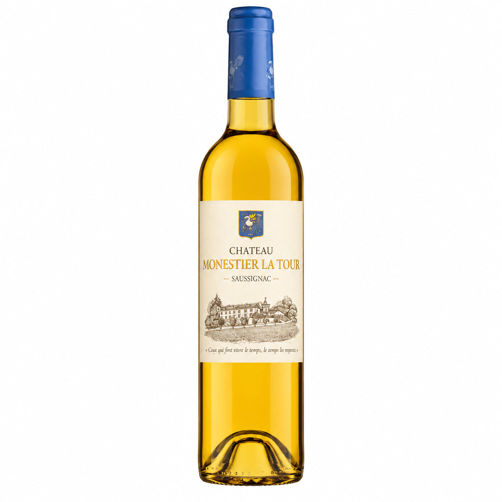 Chateau Monestier La Tour Saussignac wine bottle with label and cork, showcasing the elegant packaging of this French vineyard wine.