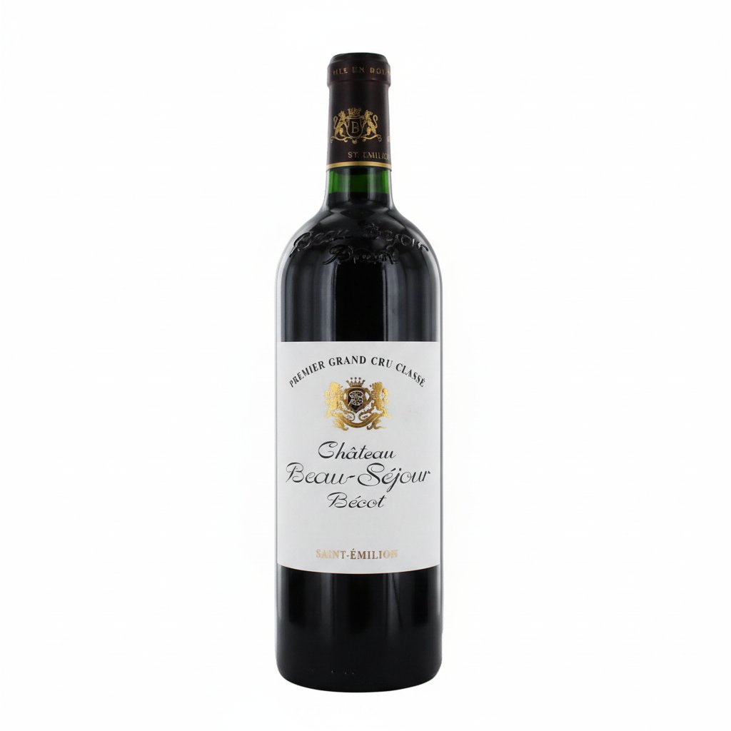 Bottle of Chateau Beau Sejour Becot red wine from Chateau, featuring a dark glass bottle with a detailed label and cork seal.