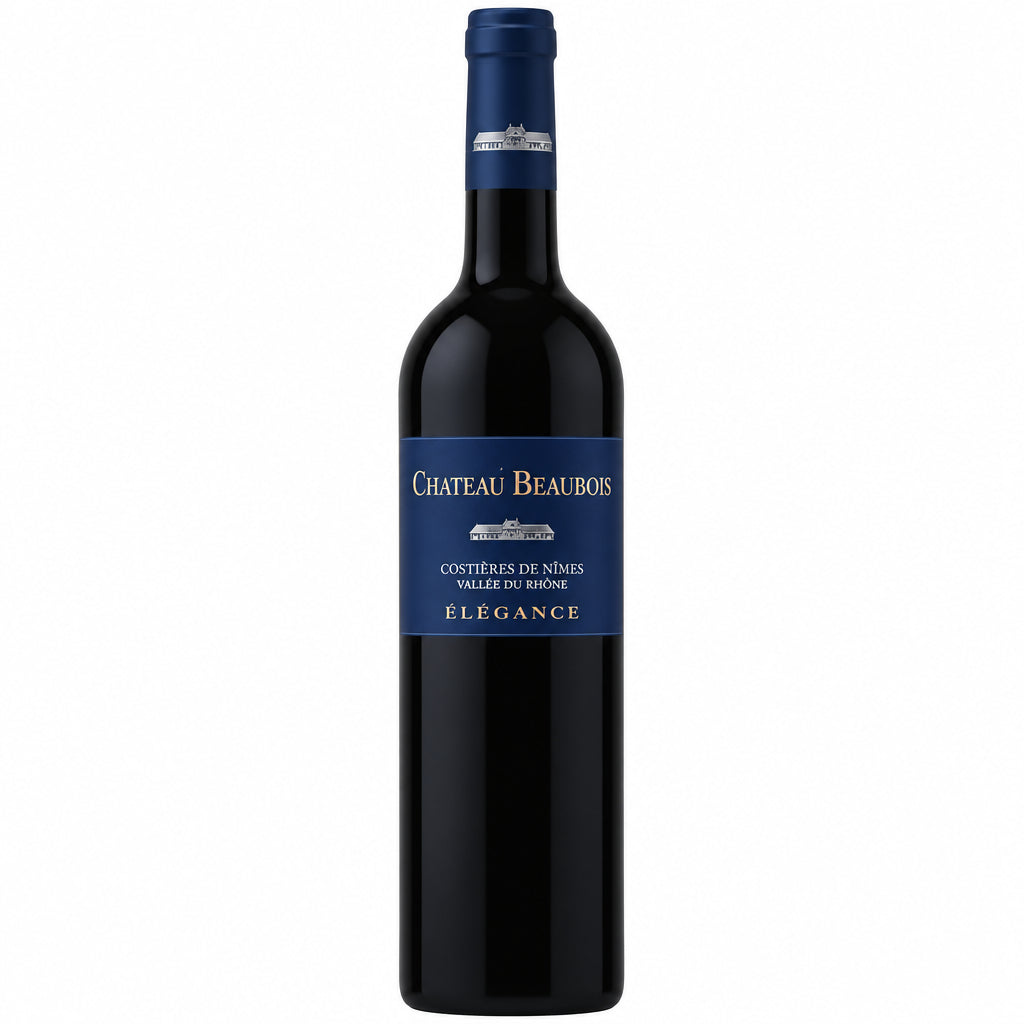 Chateau Beaubois Elegance Rouge wine bottle with label showing deep red wine and elegant branding, placed on a wooden surface.