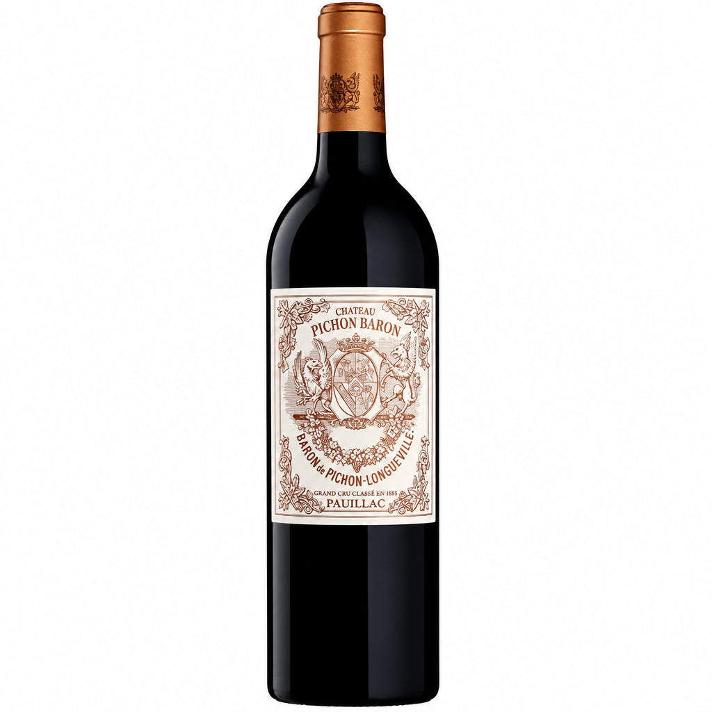 Bottle of Chateau Pichon Baron 2018 red wine with a dark label and elegant capsule, showcasing the Bordeaux wine's rich heritage.