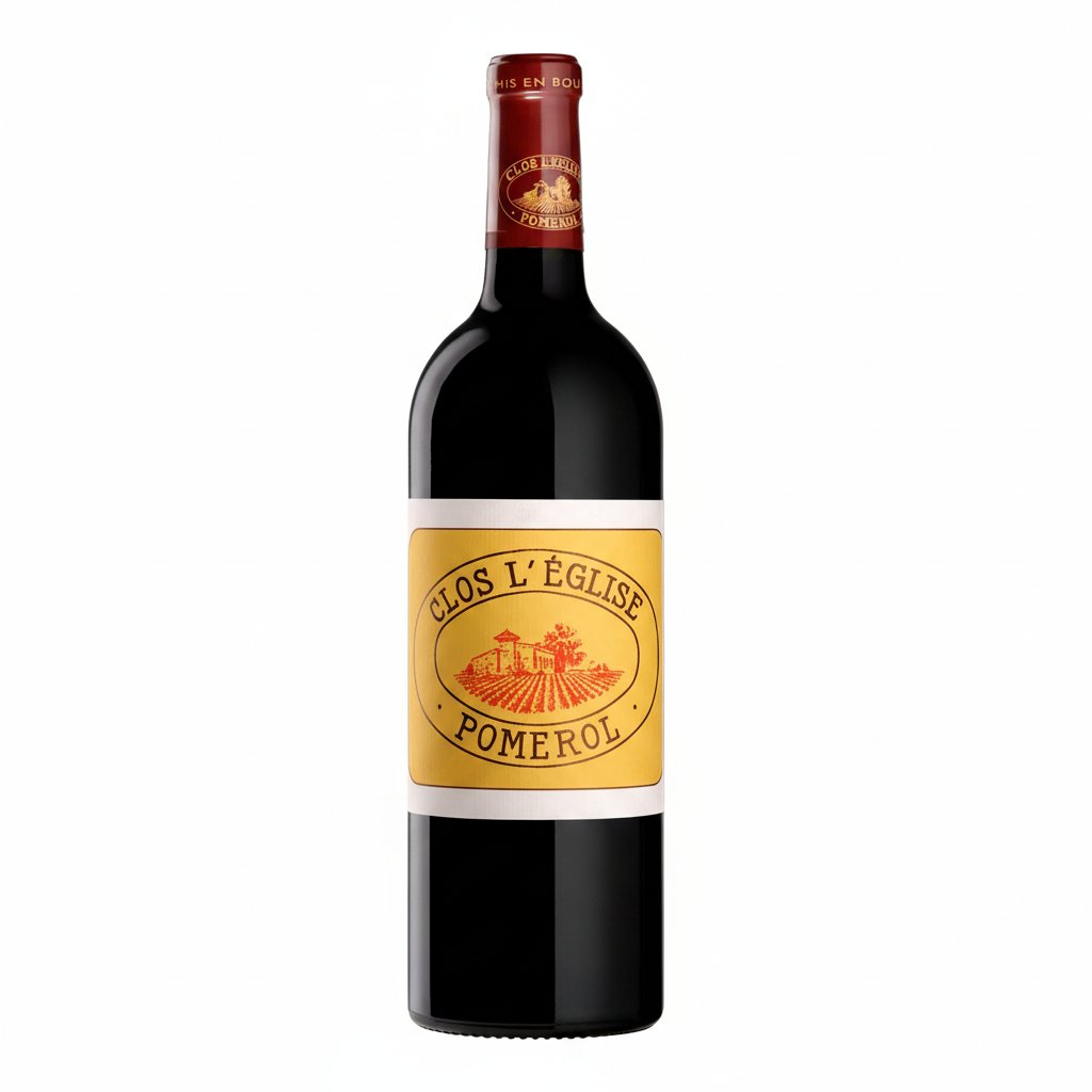 Close-up of a bottle of Clos L'eglise Pomerol red wine with a detailed label and dark glass bottle.