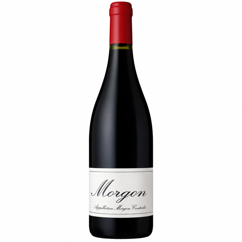 Domaine Domaine Lapierre Morgon wine bottle with label and glass of red wine on a wooden table.