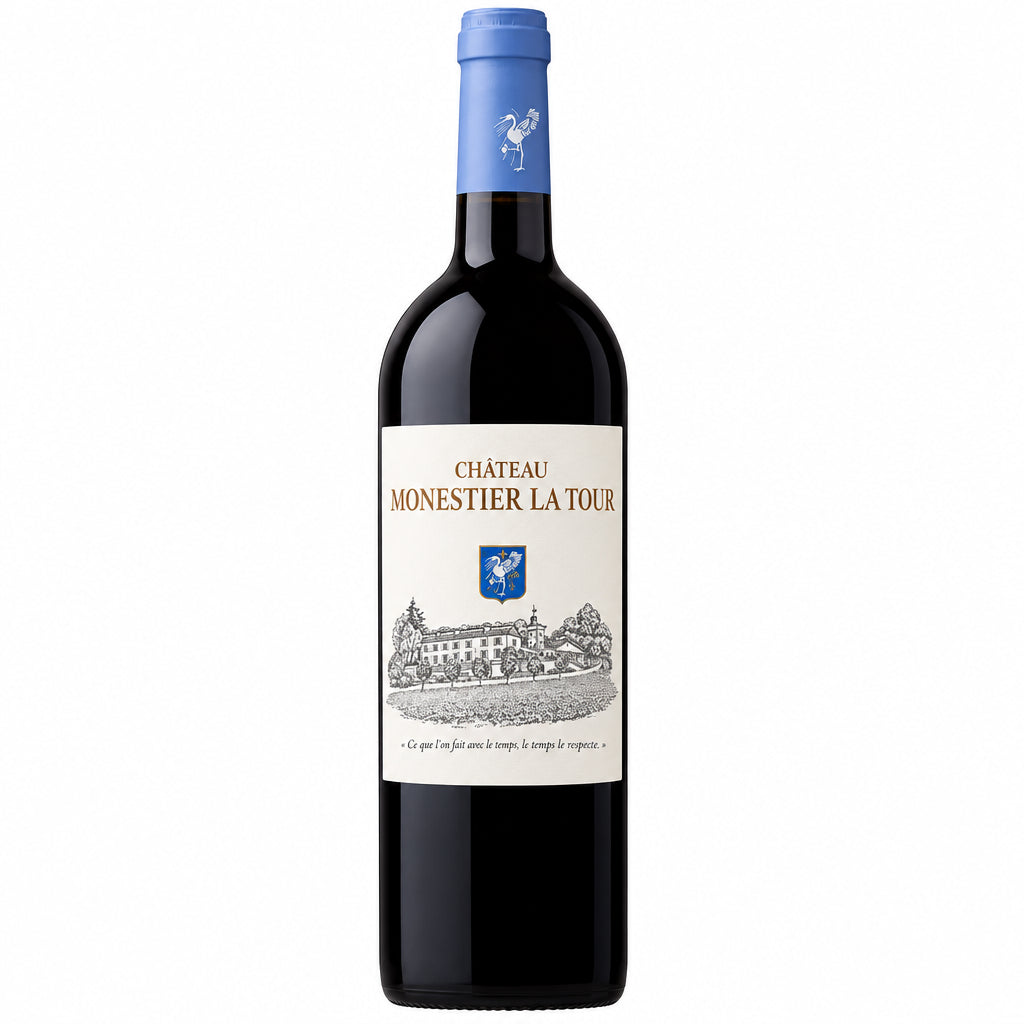 Bottle of Chateau Monestier La Tour Grand Vin Rouge 2019 red wine, showcasing the elegant wine label and deep red color.