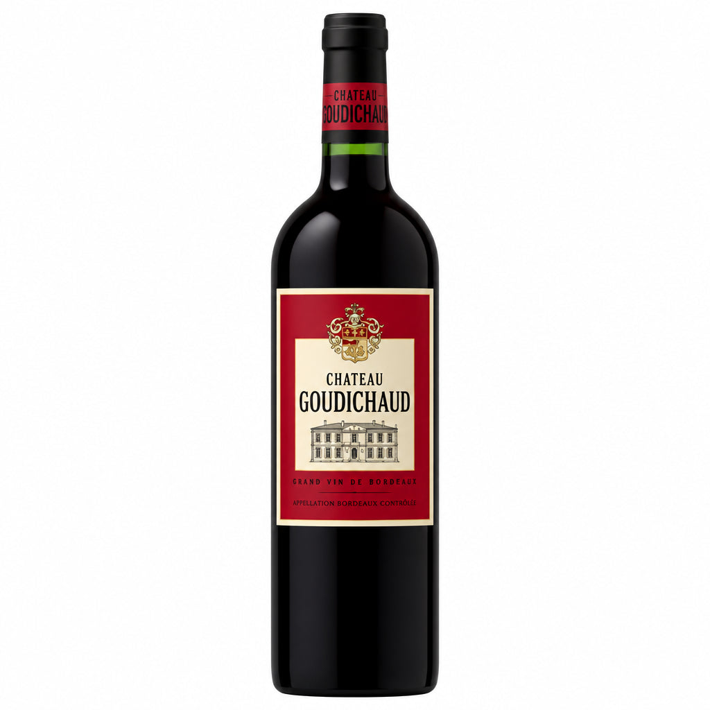 Chateau Goudichaud 2019 bottle of red wine with label visible in a close-up shot.