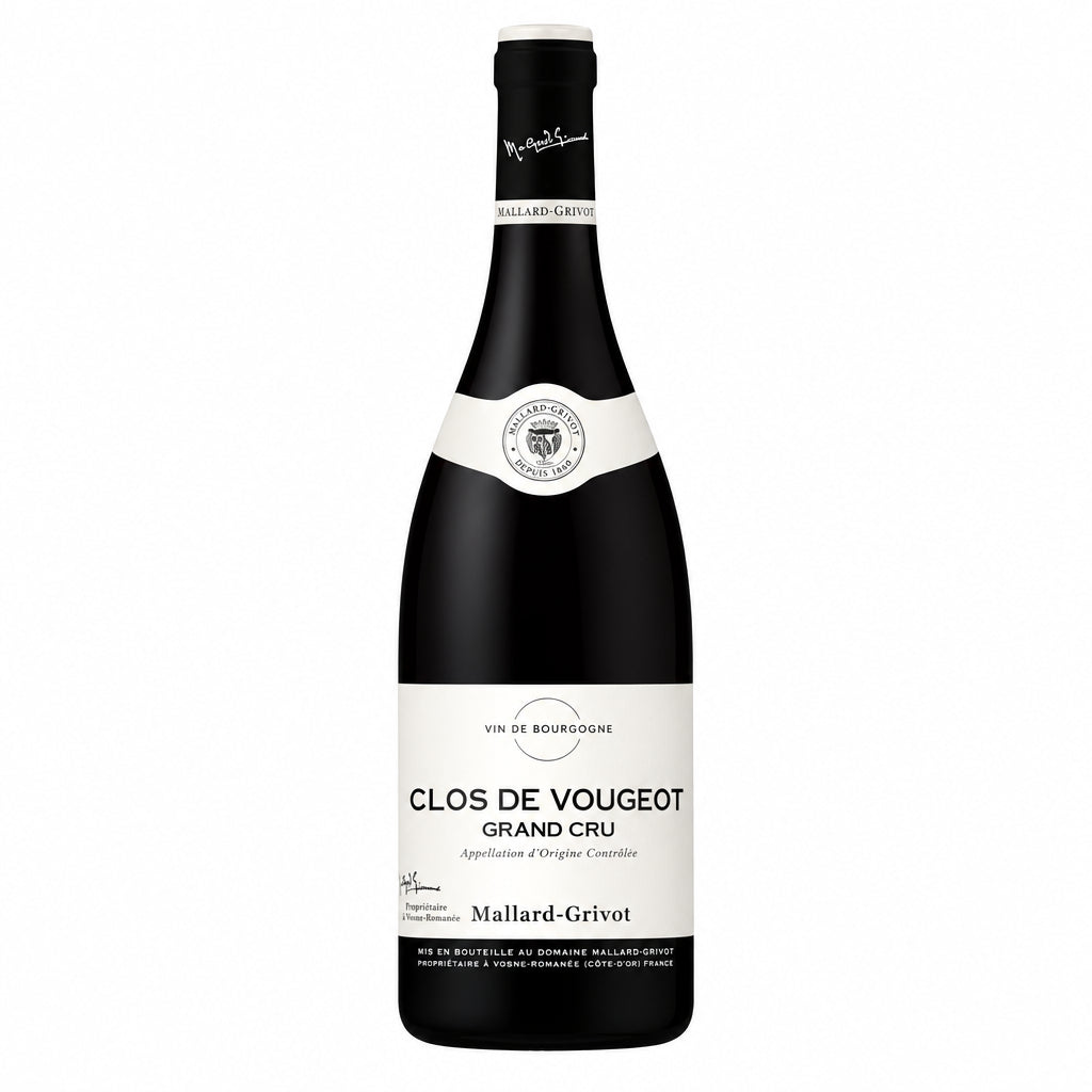 Bottle of Clos de Vougeot Grand Cru red wine from Clos, featuring a dark glass bottle and elegant label.