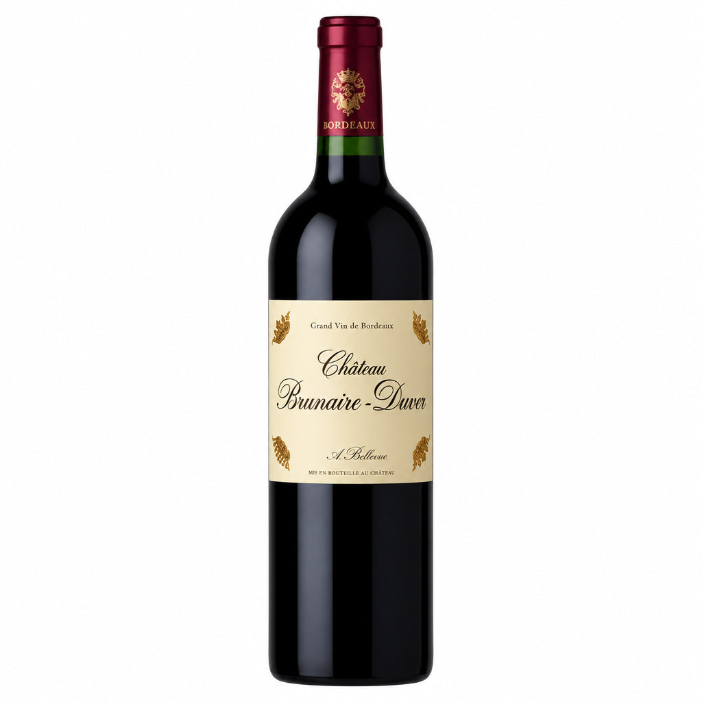 Chateau Branaire Ducru Saint-Julien wine bottle with label visible, standing upright on a wooden surface.