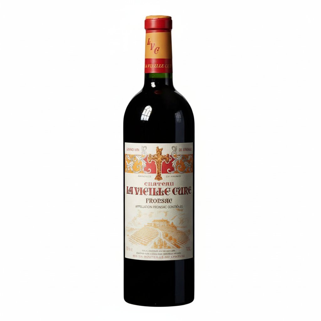Chateau La Vieille Cure wine bottle with elegant label, shown on a wooden surface, showcasing the classic Bordeaux wine packaging.