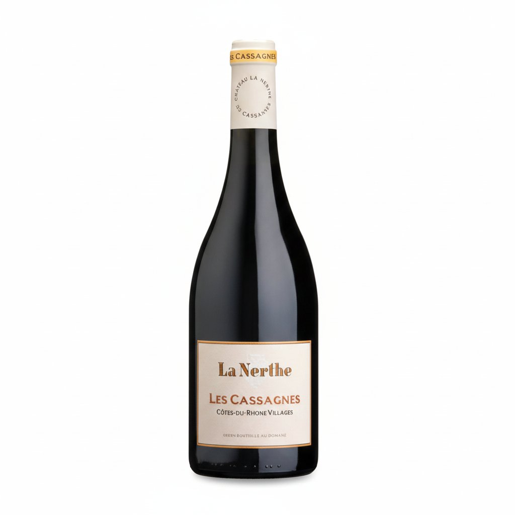 Chateau La Nerthe Les Cassagnes Cotes-du-Rhone Villages Rouge wine bottle with label and cork in a wine glass